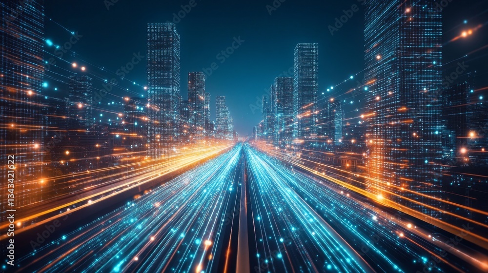 Futuristic Cityscape with Flowing Light Trails and Skyscrapers Futuristic Cityscape with Flowing Light Trails and Skyscrapers