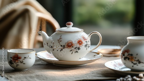 Wallpaper Mural A delicate porcelain tea set, adorned with intricate floral patterns and hand-painted gold details, stood gracefully on the table, inviting the senses to savor the aroma of freshly brewed tea. Torontodigital.ca