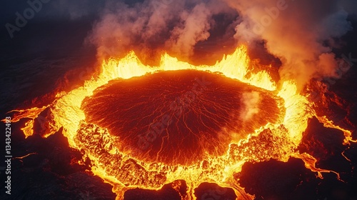 An aerial view depicts an erupting volcano and molten lava photo