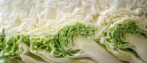Close-up View of Freshly Sliced Cabbage with Intricate Texture and Layers Highlighting Natural Green and White Colors