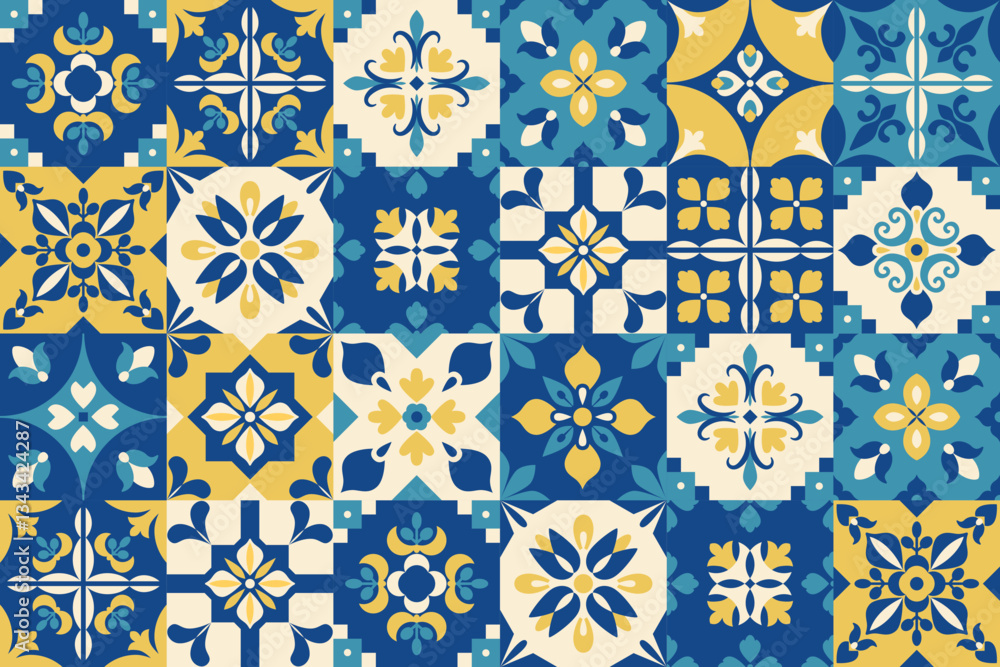Mediterranean traditional pattern. Blue and yellow tiles. Abstract geometric floral background, banner, cover, flyer. Italian, Portuguese, Spanish, Moroccan mosaic. Damask. Vector illustration.