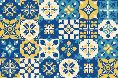 Mediterranean traditional pattern. Blue and yellow tiles. Abstract geometric floral background, banner, cover, flyer. Italian, Portuguese, Spanish, Moroccan mosaic. Damask. Vector illustration.