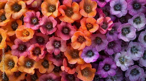 Vibrant Close-Up of Colorful Flowers in Various Shades of Pink, Orange, and Purple Creating a Beautiful Floral Background