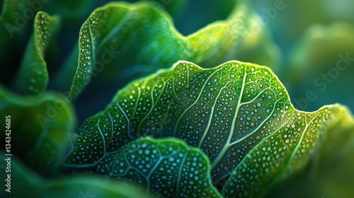 Close-Up View of Dew-Kissed Green Leaf with Intricate Veins and Soft Natural Light