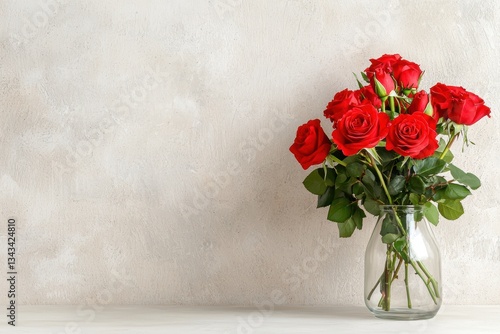 Elegant Arrangement of Fresh Red Roses in Glass Vase on Soft Gray Background for Romantic Decor and Celebrations , copy space