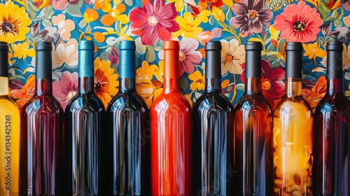 Colorful Bottles of Wine Arranged on Floral Background with Vibrant Colors and Artistic Design for Unique Visual Appeal