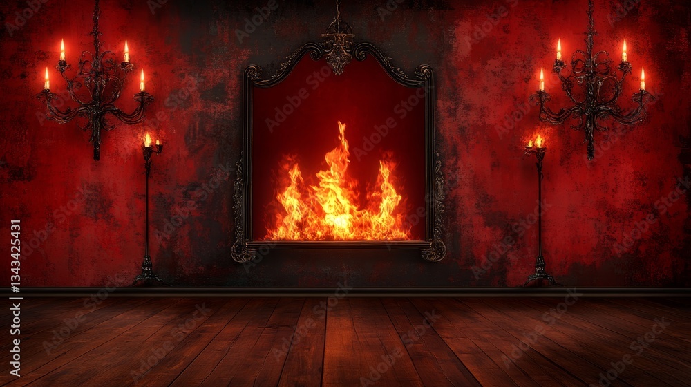 Fototapeta premium Ornate hall with crackling fire in a framed mirror and candle chandeliers glow