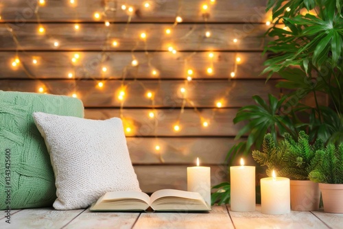 Cozy indoor setting with open book, candles, cushions, and green plants in warm ambient light for relaxation and inspiration