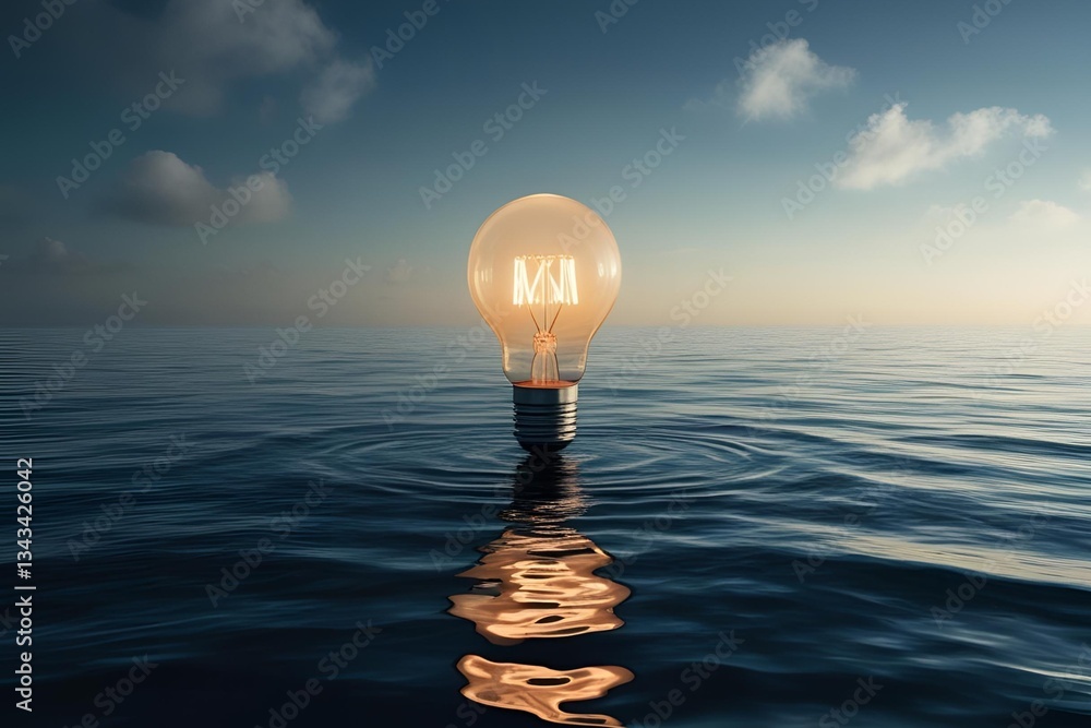 Creative concept, a single glowing lightbulb floating above the deep ocean, casting soft light on the water, mysterious and serene atmosphere. Creative concept, a single glowing lightbulb floating above the deep ocean, casting soft light on the water, mysterious and serene atmosphere.