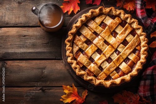 Rustic Apple Pie on Wooden Table with Autumn Leaves and Warm Beverage in Cozy Atmosphere