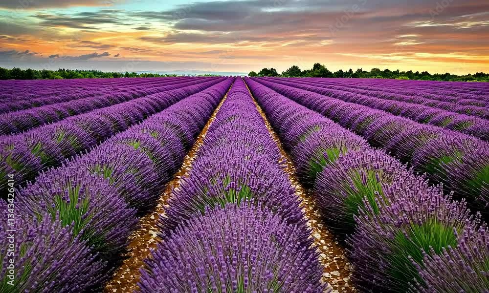 Expansive Lavender Fields Under Dramatic Sky at Sunset with Rows of Vivid Purple Blooms and Green Foliage in Scenic Landscape Expansive Lavender Fields Under Dramatic Sky at Sunset with Rows of Vivid Purple Blooms and Green Foliage in Scenic Landscape