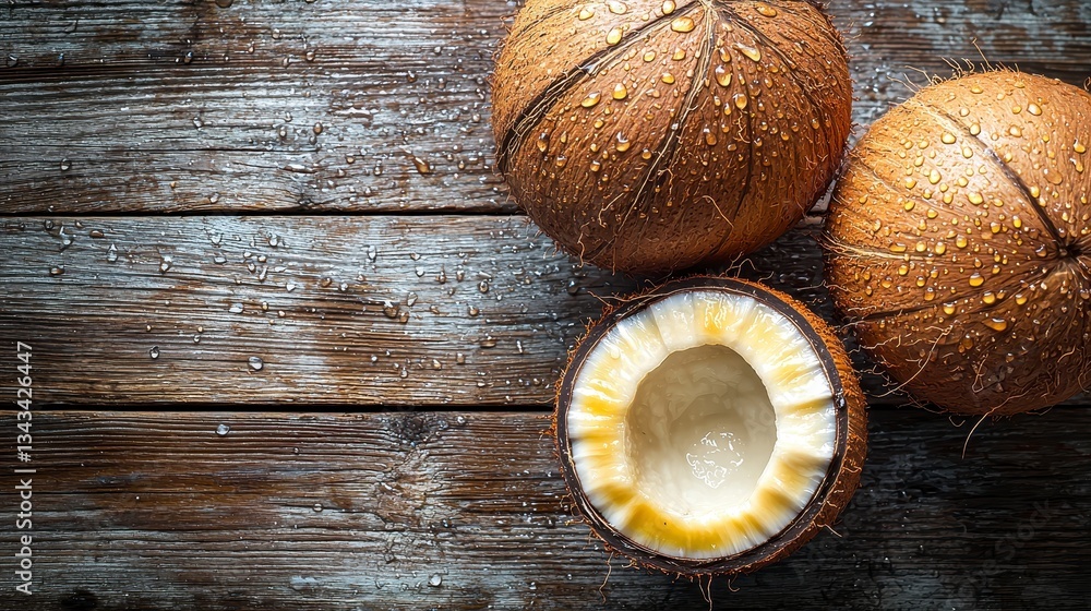 Half-cut coconut and whole coconut on a rustic wooden table with water droplets for a tropical vibe Half-cut coconut and whole coconut on a rustic wooden table with water droplets for a tropical vibe