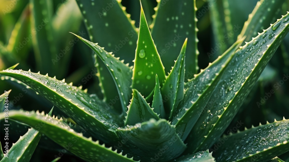 Vibrant aloe vera plants thrive in arid conditions, showcasing their thick spiky leaves covered in droplets of moisture under bright sunlight Vibrant aloe vera plants thrive in arid conditions, showcasing their thick spiky leaves covered in droplets of moisture under bright sunlight