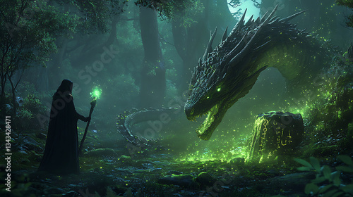Mystical forest with a majestic dragon at night.