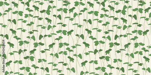 Microgreens leaves background seamless pattern vector illustration. Young green sprouts ornament. Botanical greenery design for background, packaging, textile. Source of nutrients and vitamins.