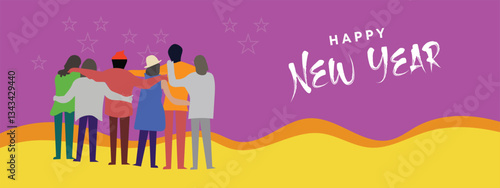 Diverse group of friends embracing, looking at a Happy New Year message on a vibrant purple background with yellow and orange wavy ground, celebrating togetherness.