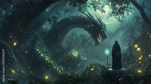 Mystical forest with a majestic dragon at night.