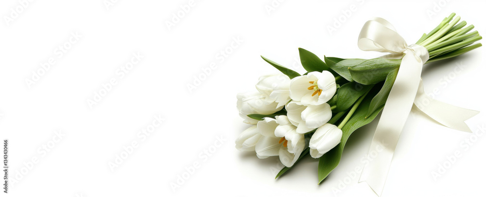 Fototapeta premium Elegant Bouquet of White Tulips with Ribbon on White Background. Copy Space.