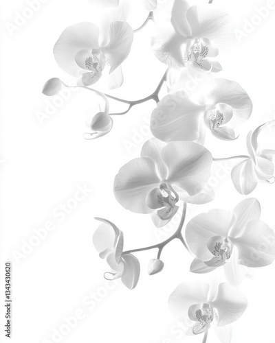 White orchid silhouettes in delicate cascading design on white
