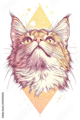 Realistic Cat Looking at the Sky with Yellow Geometric Background, Pencil Drawing