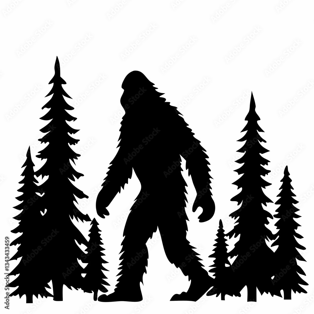 a vector silhouette of a Sasquatch (Bigfoot) walking through a forest a vector silhouette of a Sasquatch (Bigfoot) walking through a forest