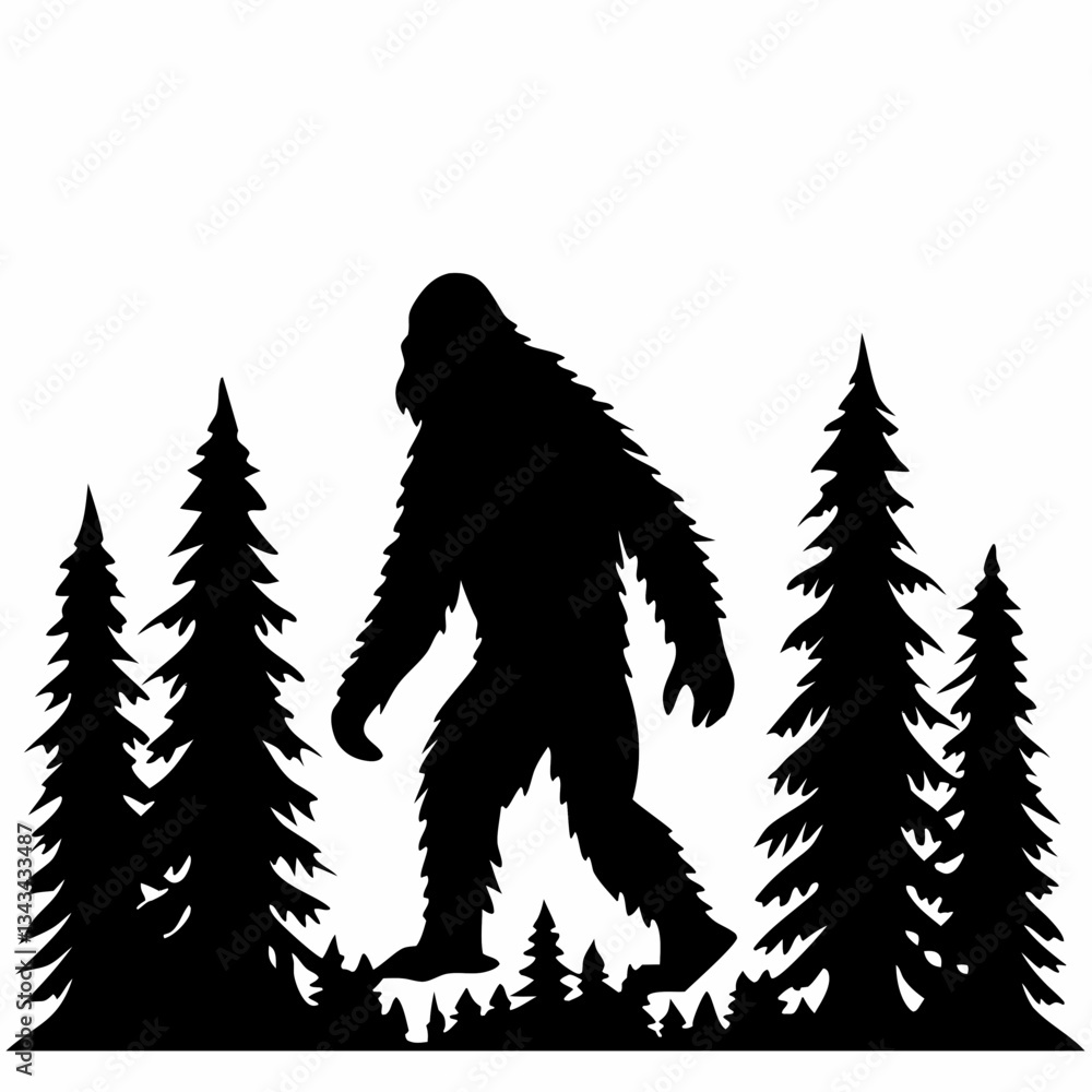 Fototapeta premium a vector silhouette of a Sasquatch (Bigfoot) walking through a forest 