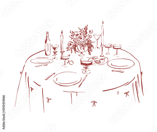 Festive table, whimsical line illustrations. Wedding invitation, menu.