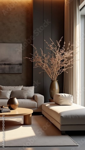 Modern Living Room with a Japanese Plant Sakura. Modern Interior Design