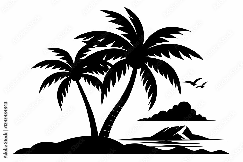 beach with palm tree line art silhouette vector illustration beach with palm tree line art silhouette vector illustration
