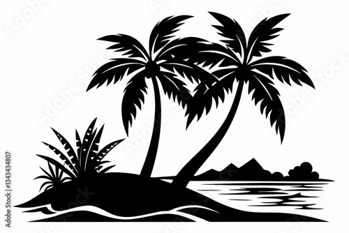 beach with palm tree line art silhouette vector illustration