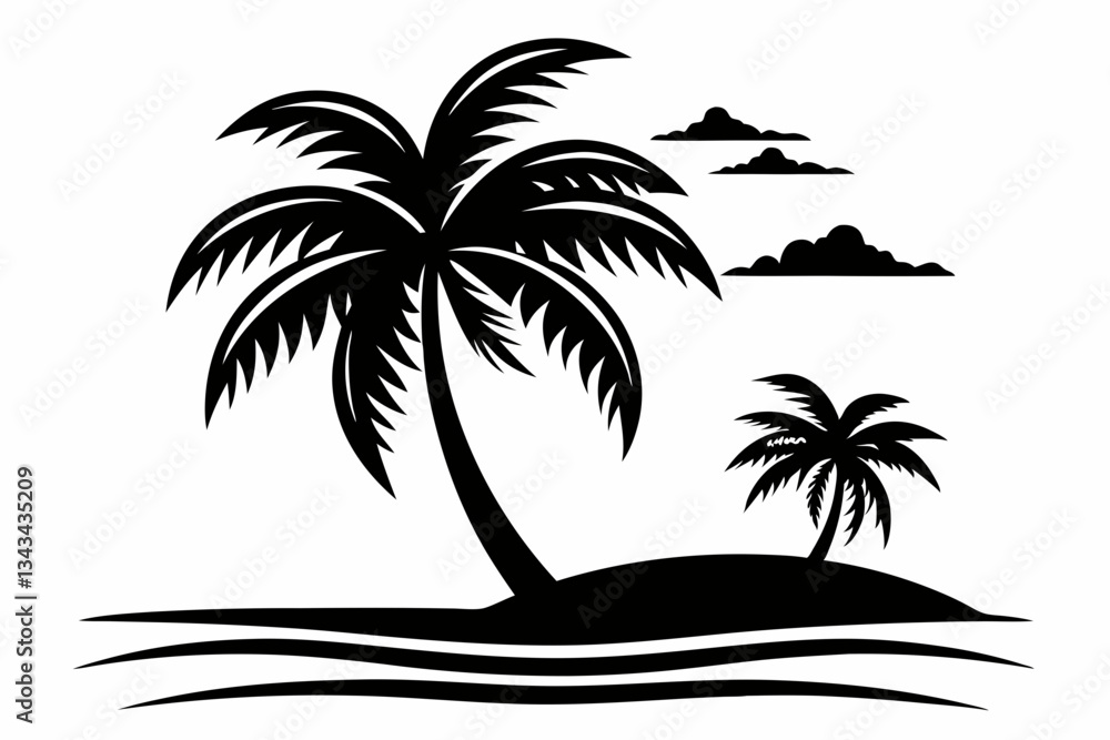 Fototapeta premium beach with palm tree line art silhouette vector illustration