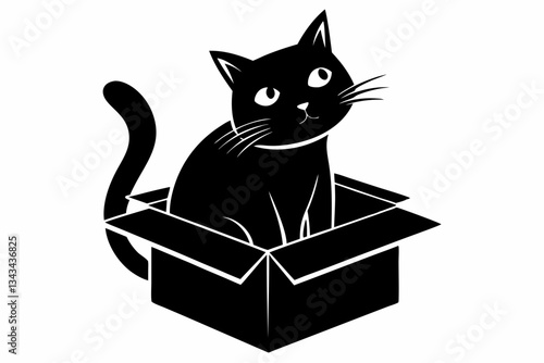 cat in box line art silhouette vector illustration