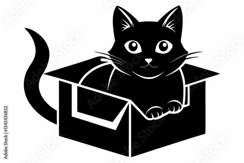 cat in box line art silhouette vector illustration