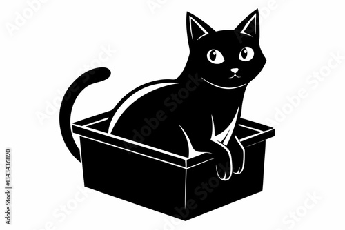 cat in box line art silhouette vector illustration