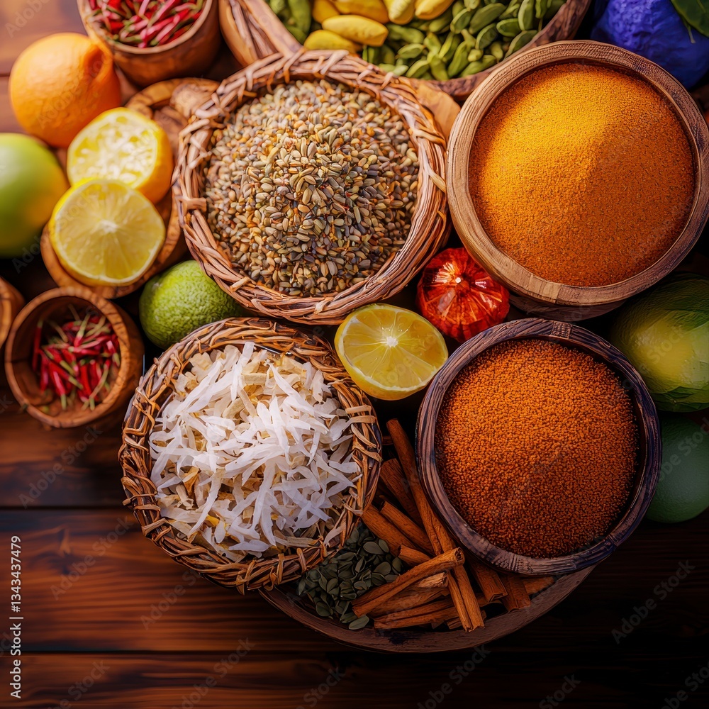 Vibrant local market scene featuring vendors selling a variety of colorful spices in lively atmosphere Vibrant local market scene featuring vendors selling a variety of colorful spices in lively atmosphere