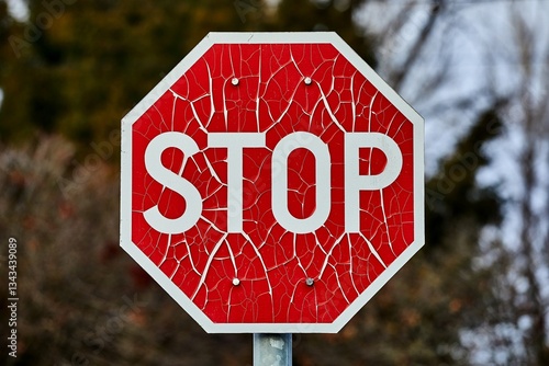 Stop sign with broken paint peeling