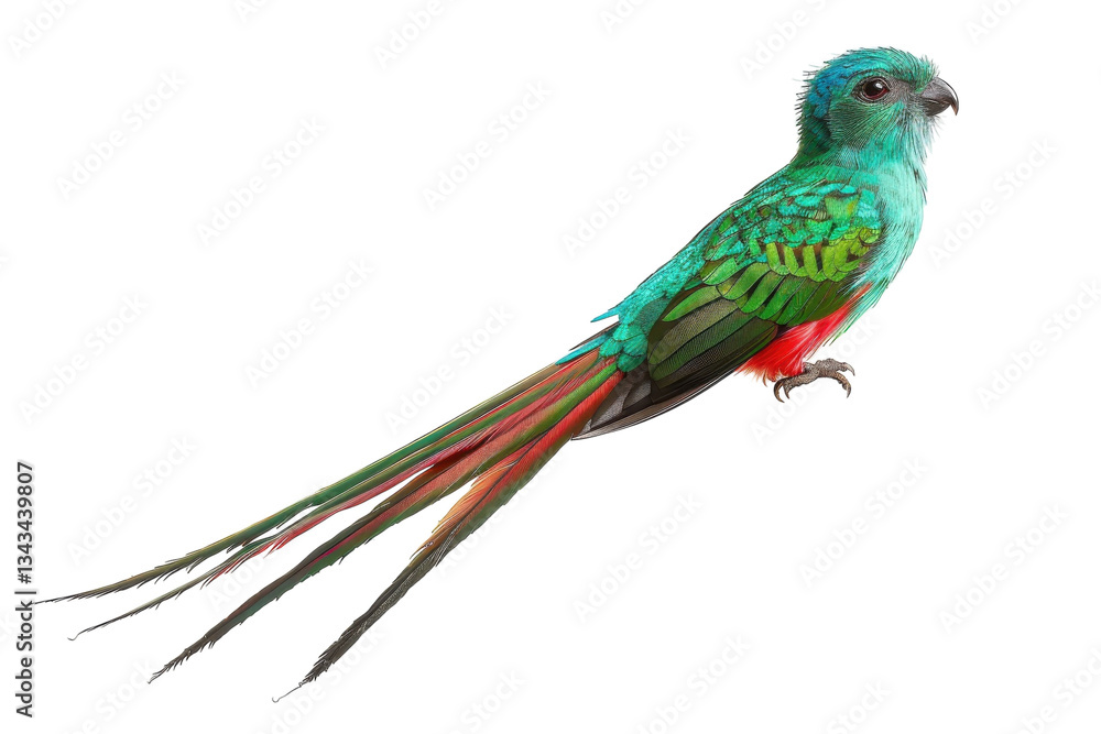 Obraz premium A stunning quetzal bird rests elegantly, displaying its vivid turquoise and green plumage