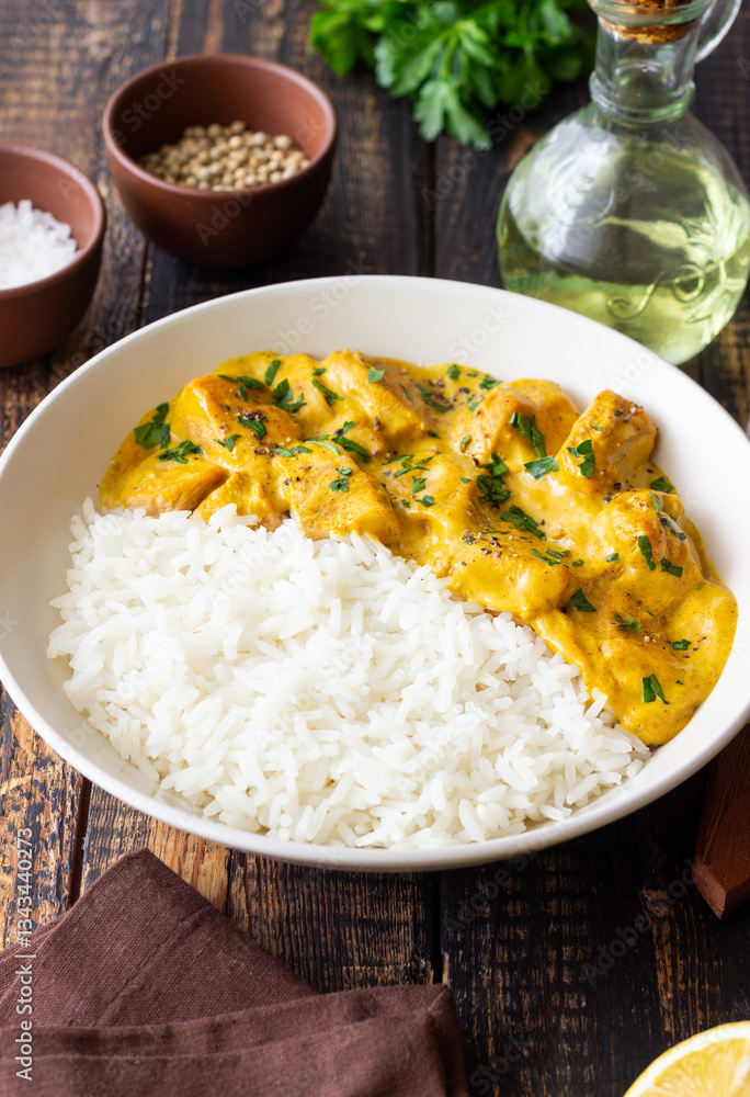 Chicken curry with rice. Tikka Masala. Indian food. Chicken curry with rice. Tikka Masala. Indian food.