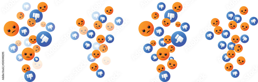 Multiple thumbs down and angry icons emojis floating, vector emoticon symbolizing disapproval, negative, dislike, bad, upset, unhappy in online social media Multiple thumbs down and angry icons emojis floating, vector emoticon symbolizing disapproval, negative, dislike, bad, upset, unhappy in online social media