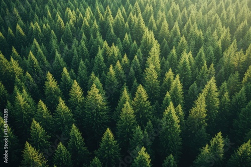 Aerial perspective of a dense conifer forest with dramatic lighting casting shadows and highlighting the tree canopy.