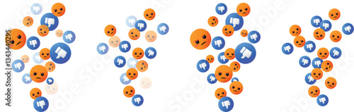 Multiple thumbs down and angry icons emojis floating, vector emoticon symbolizing disapproval, negative, dislike, bad, upset, unhappy in online social media