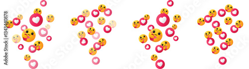 Groups of loving emojis hugging hearts floating on transparent background for expressing love, care, affection, positive, happy, like, sharing in social media interaction reaction