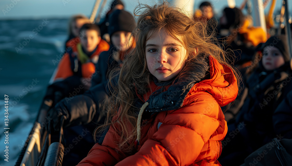 girl with long, wavy hair wearing orange jacket sits on boat surrounded by others. scene captures moment of adventure on water, with sunlight illuminating her face girl with long, wavy hair wearing orange jacket sits on boat surrounded by others. scene captures moment of adventure on water, with sunlight illuminating her face