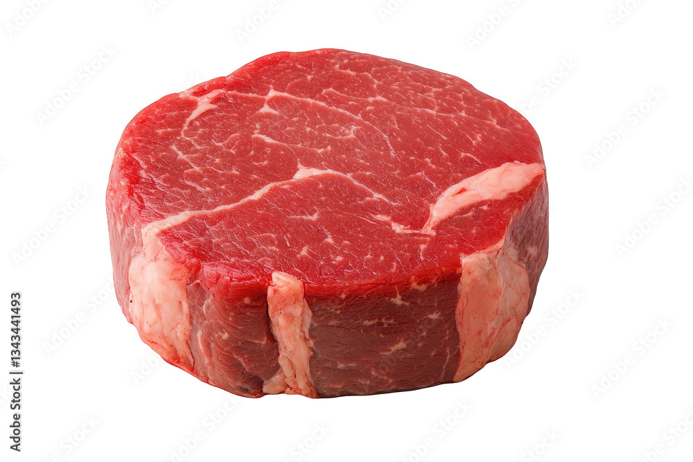 A round cut of raw beef with visible marbling and a rich red color, showcasing its tenderness and quality, Transparent background. A round cut of raw beef with visible marbling and a rich red color, showcasing its tenderness and quality, Transparent background.