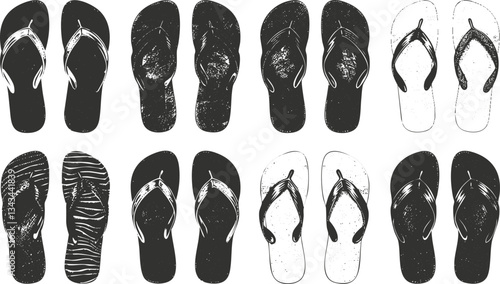 Vintage black and white flip flops collection in various graphic styles