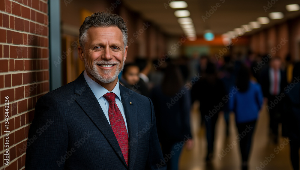 Fototapeta premium confident middle aged man in suit smiles warmly in school hallway, surrounded by students. His professional demeanor reflects leadership and approachability