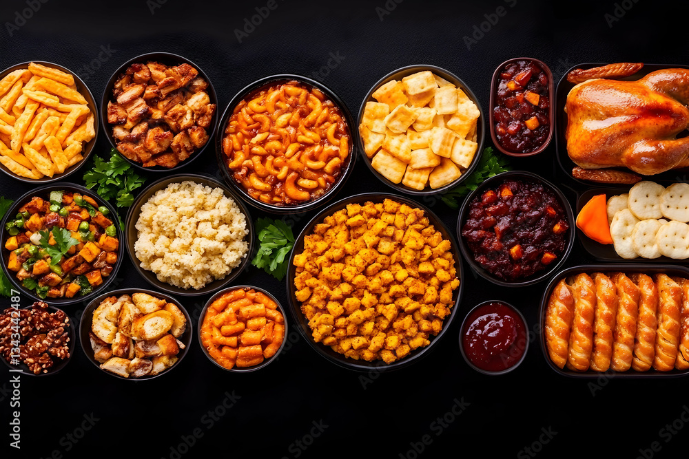 Fototapeta premium A variety of savory and sweet dishes arranged in bowls on a black background