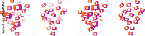 Colorful Instagram icons representing followers, likes, and comments rising and floating for growing online engagement, network, community, marketing, popularity, influence illustration 