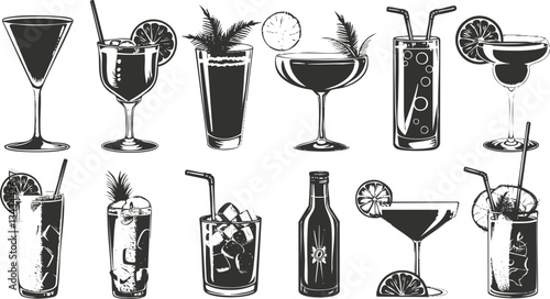 Variety of black and white cocktail illustrations featuring glasses and garnishes