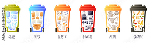 Garbage inside trash bins. Waste management concept: segregation, separation, trash bins, sorting, recycling, garbage can. Paper, plastic, scrap metal, glass, organic waste, e-waste.